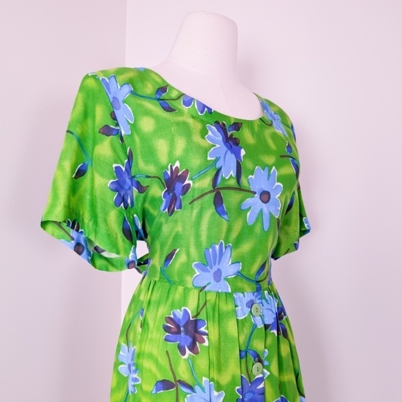 80's Babydoll Floral Dress Maxi Short Sleeve Waist Tie Long Floor Length - Picture 8 of 14